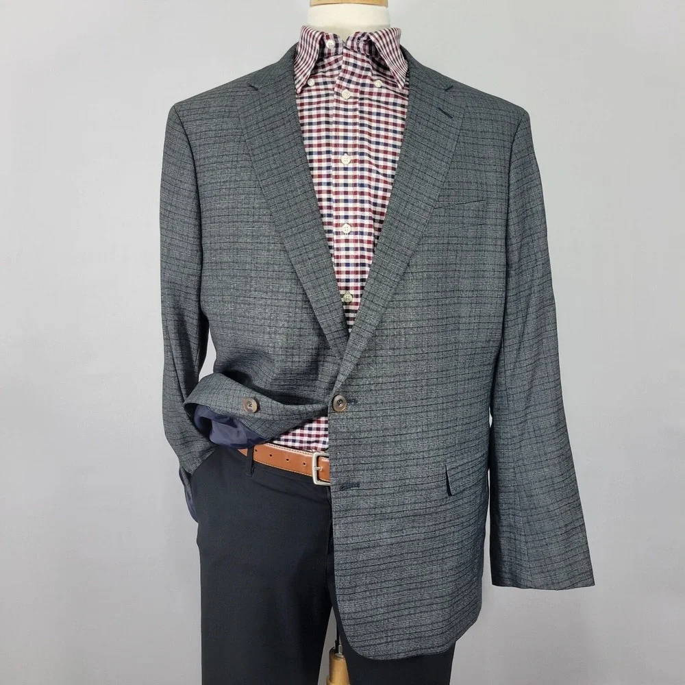 Stafford Men's Sport Coat Blazer Two Button Gray Plaid Seasonal Texture Poly 48R